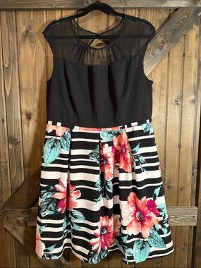 Signature by Sangria Black Fit-and-Flare Dress with Floral Stripe Skirt